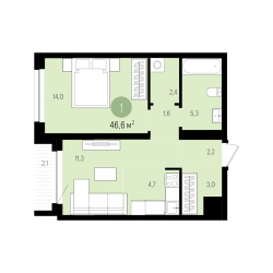Однокомнатная квартира 46 м²