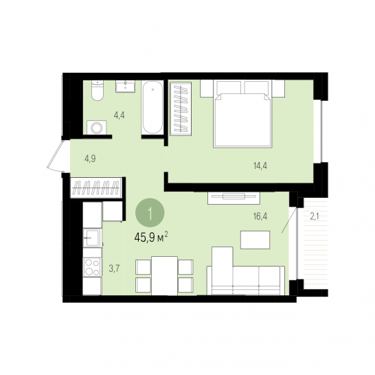 Однокомнатная квартира 45 м²