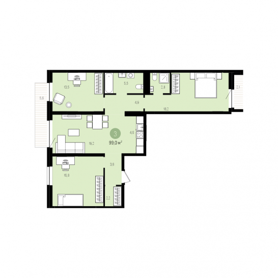 Трёхкомнатная квартира 99 м²